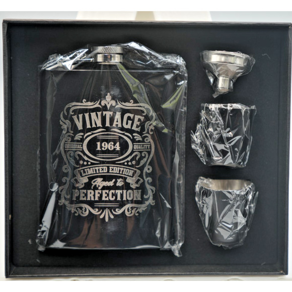 Vintage 1964 Flask Gift Set – 4pc Stainless Steel “Aged to Perfection” Kit NEW - Picture 1 of 1